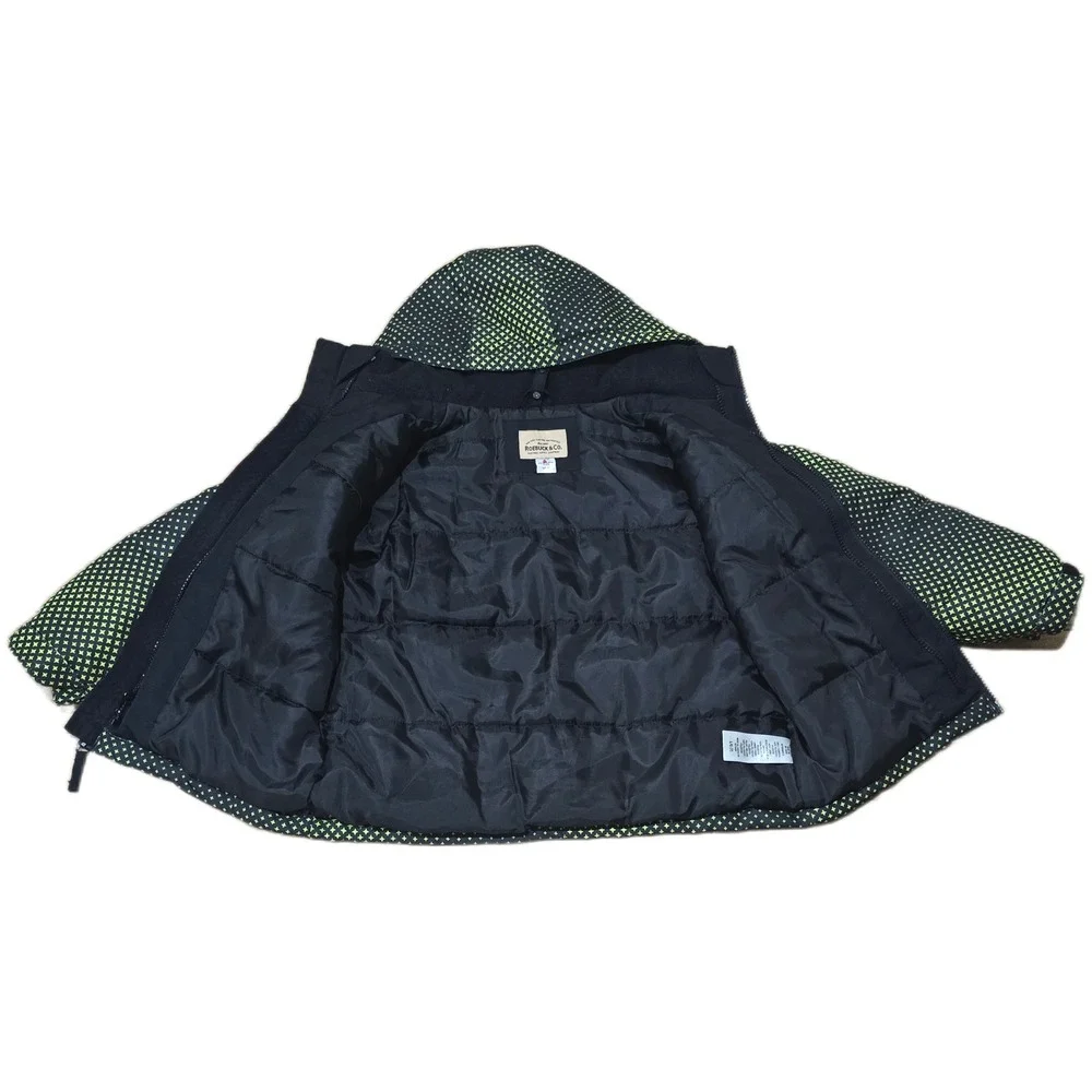 Roebuck & Co Kids Puffer Jacket Neon Green Black Geometric Zip Hooded Coat Sz 7‎